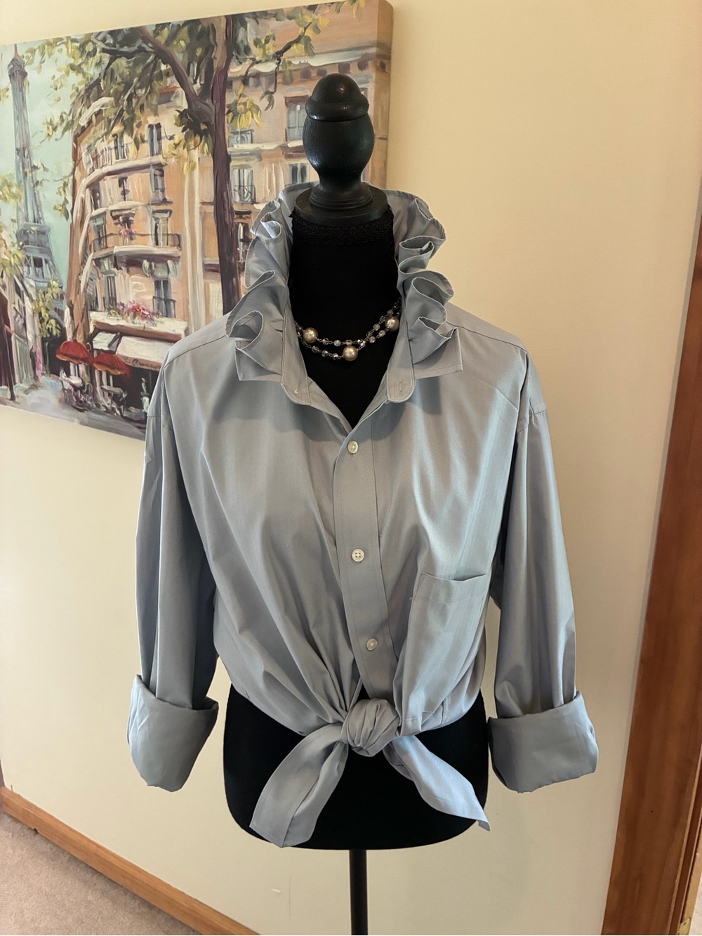 Chaps Light Blue Ruffled Collar Button-Down Shirt
